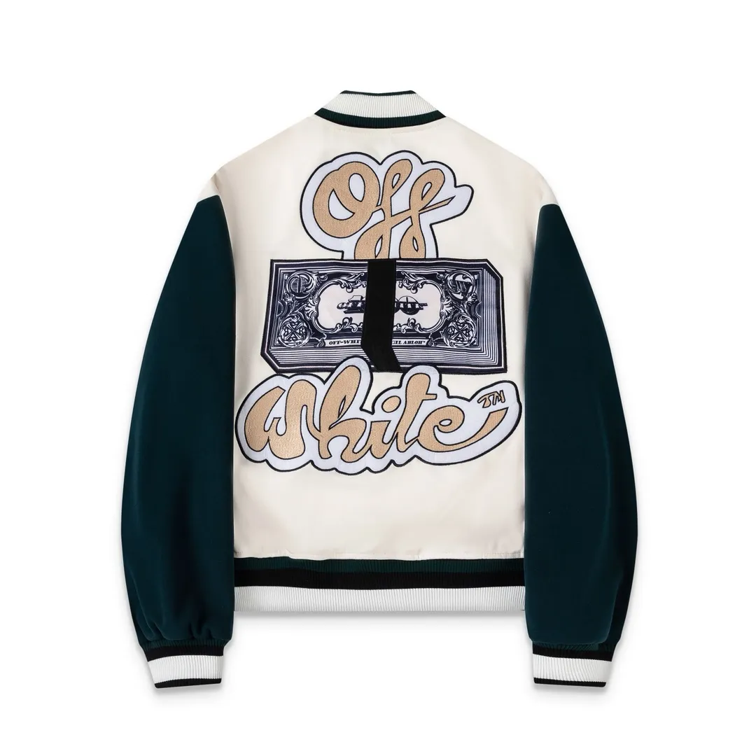 S65#P616, offwhite heavy-duty embroidered baseball jacket. The body is made of woolen fabric. Couple's jacket. Black size: S M L XL